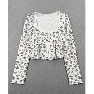 Kirious Babydoll Top XL White Floral Waffle Knit Long Sleeve Cropped Coquette
